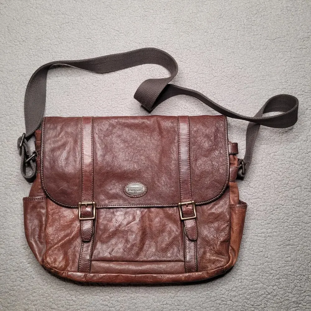 Fossil Messenger Bag Brown Cowhide Leather‎ Crossbody Laptop Satchel Distressed